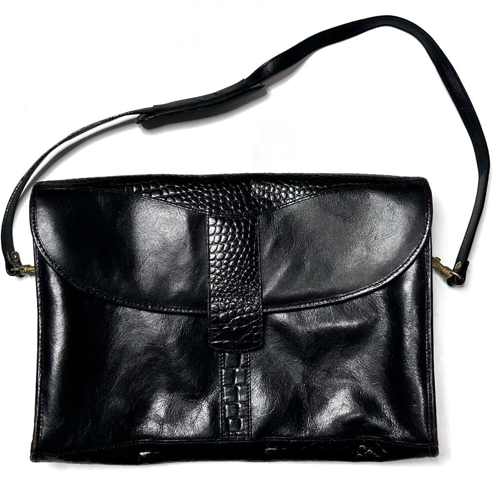 Leather Briefcase Satchel Black Men’s Work Shoulder Bag Crocodile Baggagio
